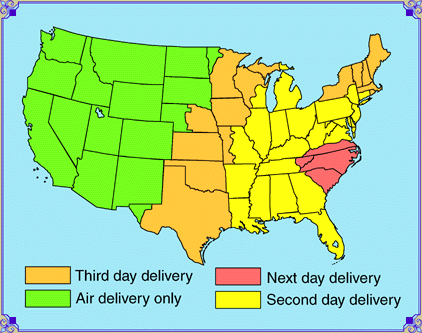UPS shipping ranges for next day, 2 day, 3 day, and air only